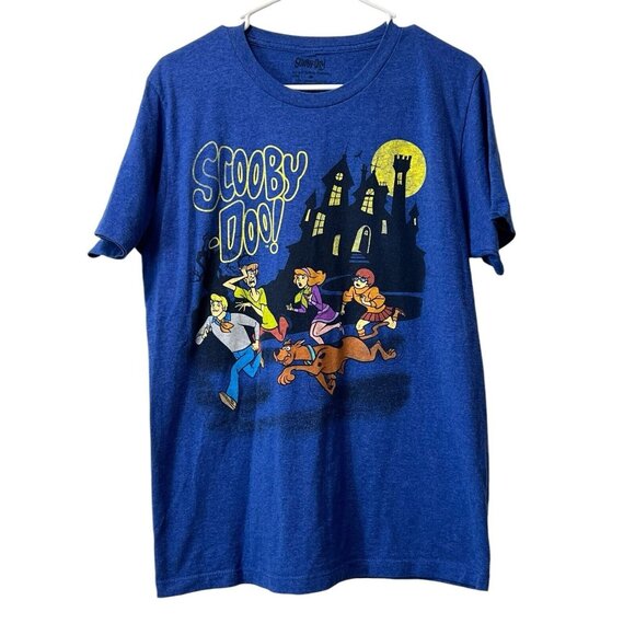 VINTAGE Scooby Doo Mens Shirt Medium Blue‎ Short Sleeve Pullover Haunted House - Picture 1 of 7